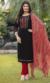 Salwar Kameez Cotton Lycra- Black-Red