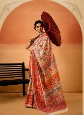 Kashmiri Handloom Weaving Silk Saree-Multi- Beige