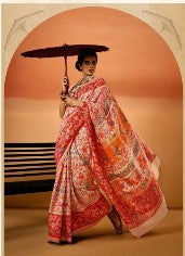 Kashmiri Handloom Weaving Silk Saree-Multi- Cream
