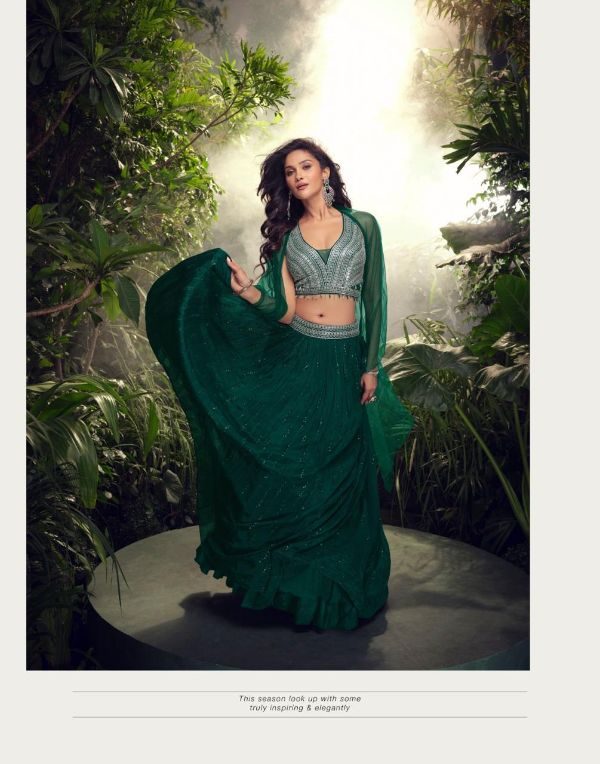 Chinon Silk Lehenga Choli Set- SA - Bottle Green