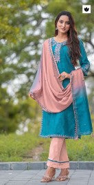 Salwar Kameez Cotton Lycra- Blue-Peach