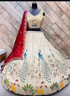 Designer Lehenga-Silk- Heavy Embroidered- Cream