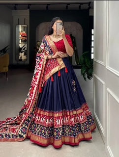 Tussar Silk Lehenga- Navy Blue