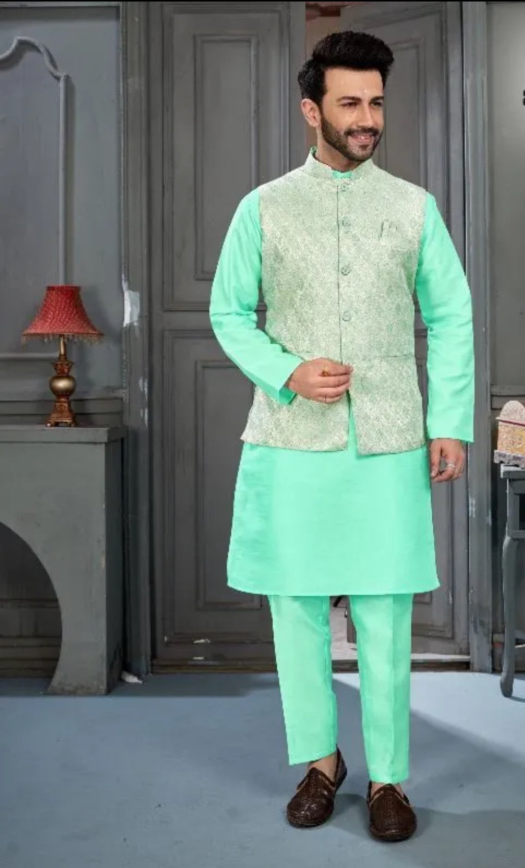 3-Piece Kurta Pajama Set- Light Sea Green