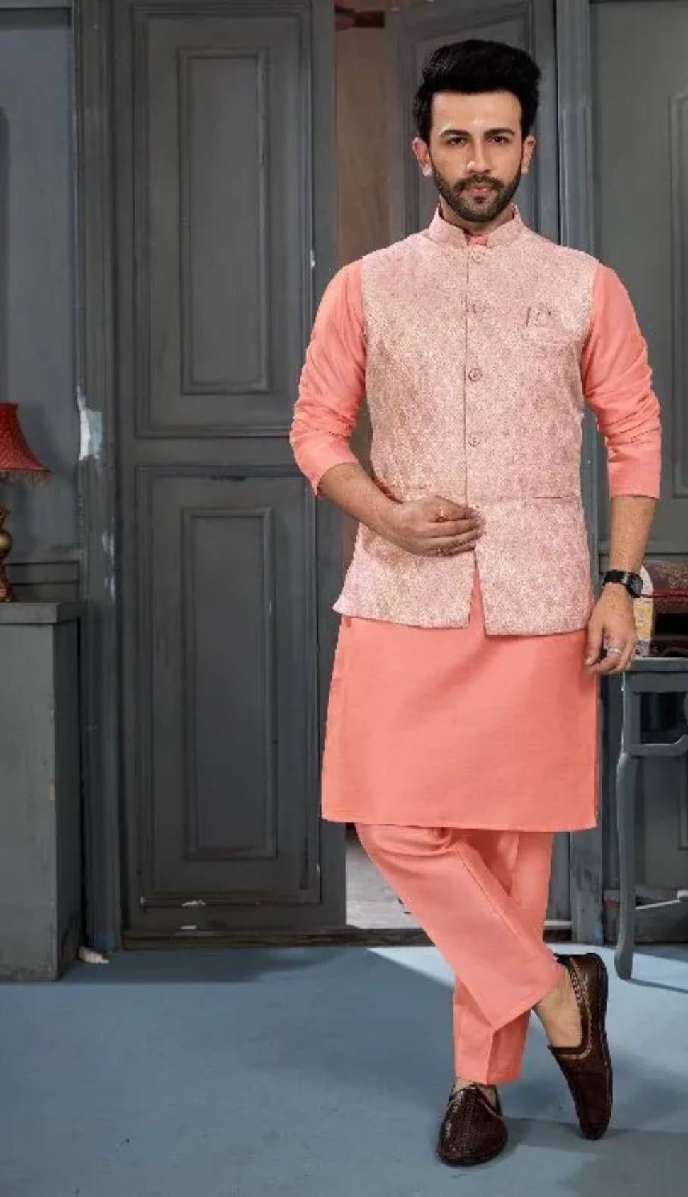 3-Piece Kurta Pajama Set- Orange Peach