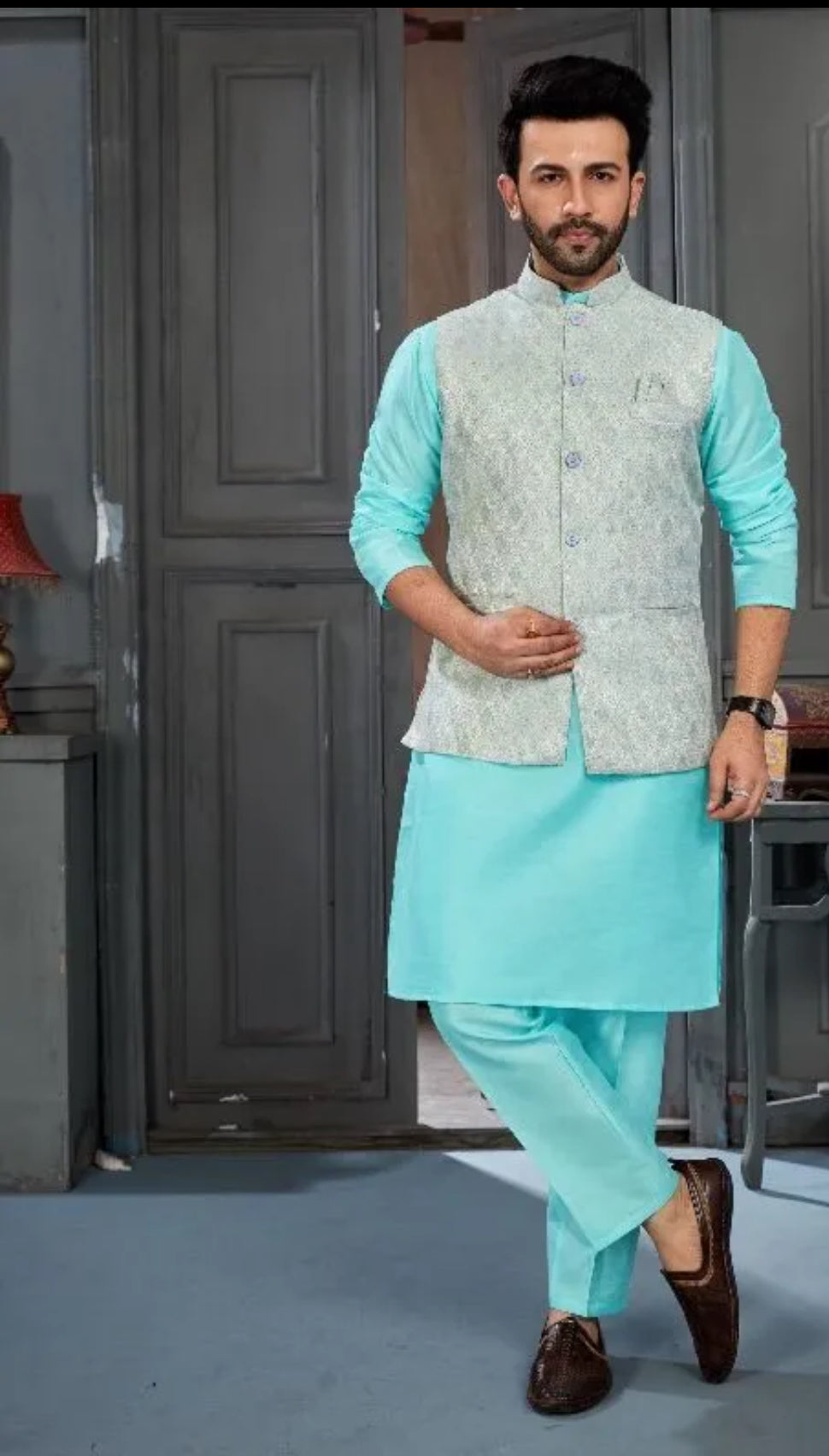 3-Piece Kurta Pajama Set- Aqua Blue