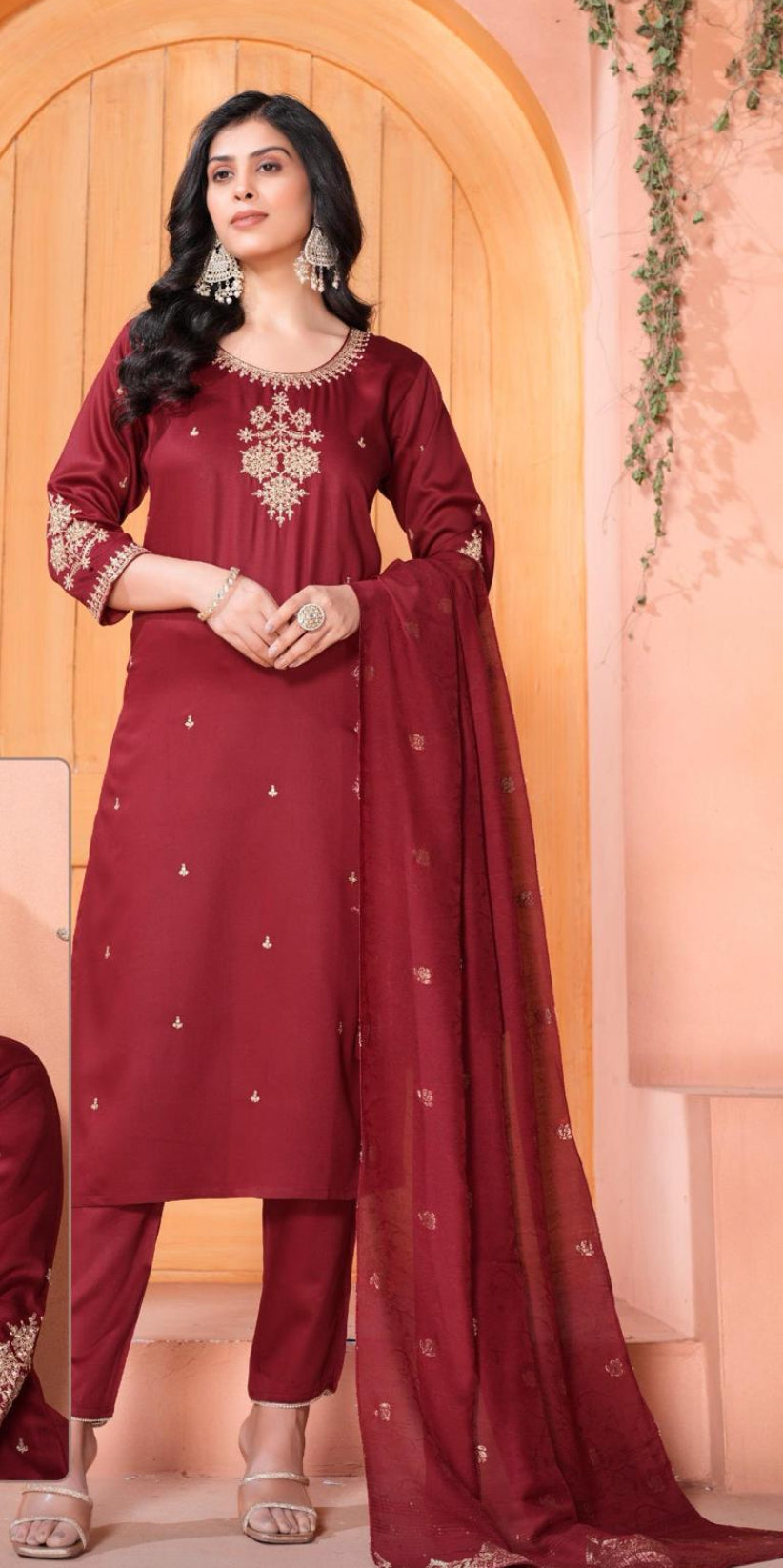 Premium Gaji Silk Ready made Salwar Kameez- Maroon Red