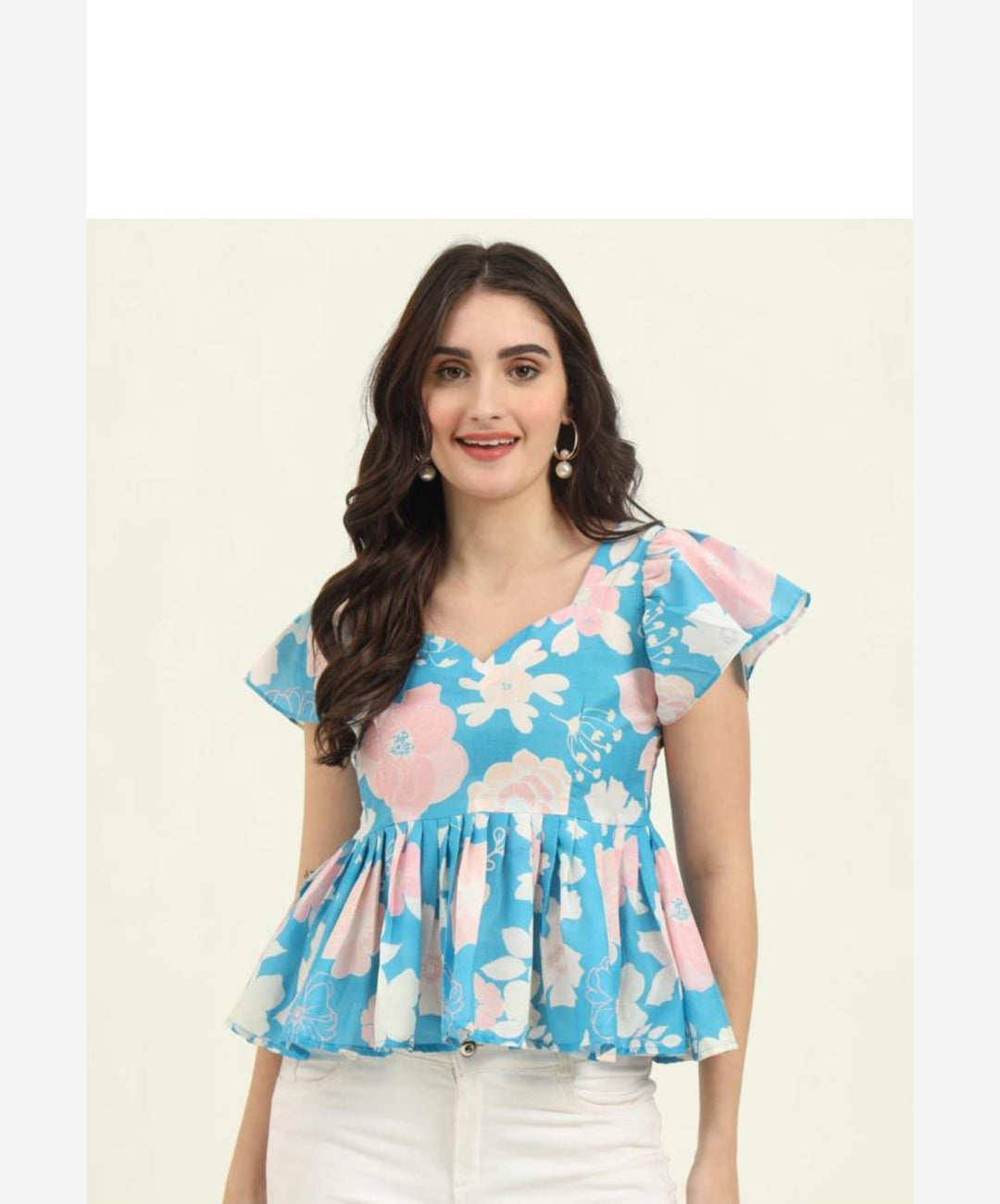 Cotton Floral Tunic Tops- Sky Blue