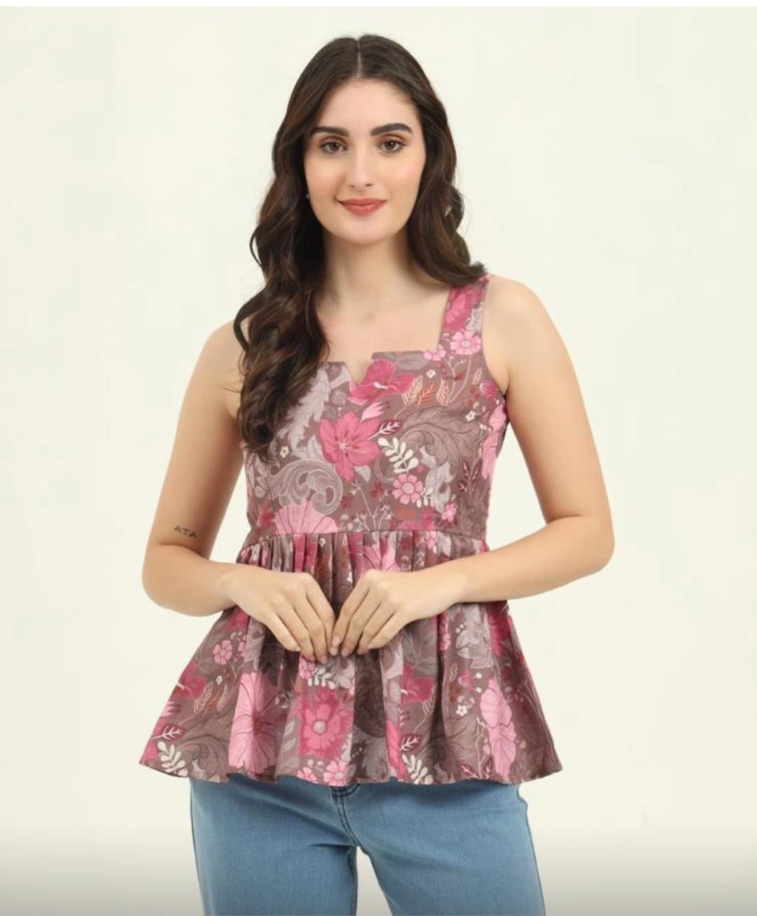 Cotton Floral Tunic Tops- Brown-Pink