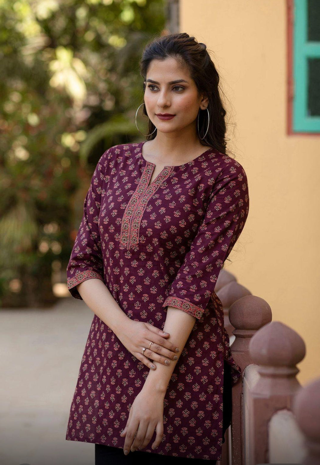 Cotton Printed Tops- Maroon