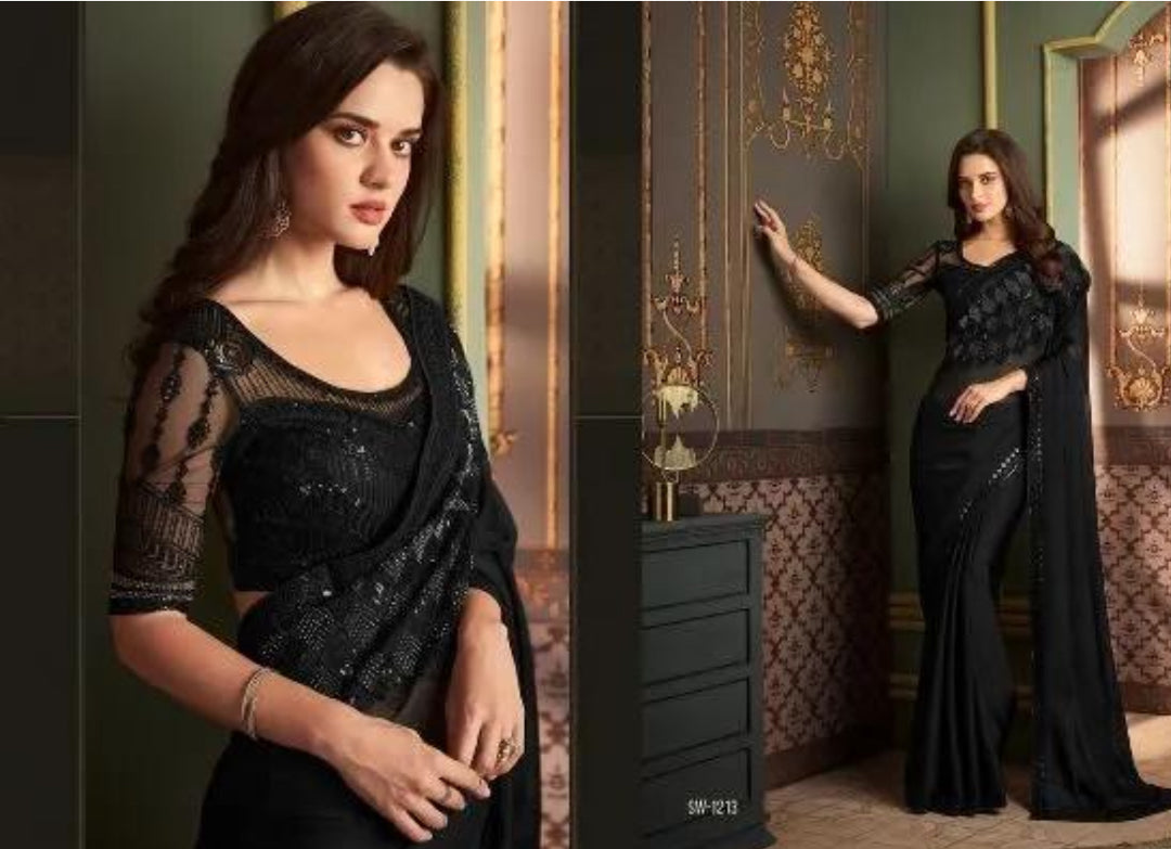 Silk Chiffon Saree with Designer Work Blouse- Black