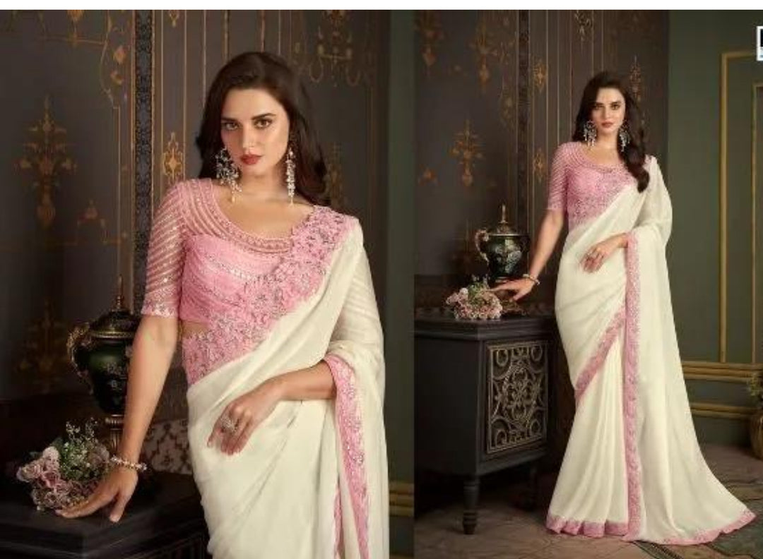 Rainbow Silk Saree with Banglori Silk Blouse - Cream-Pink