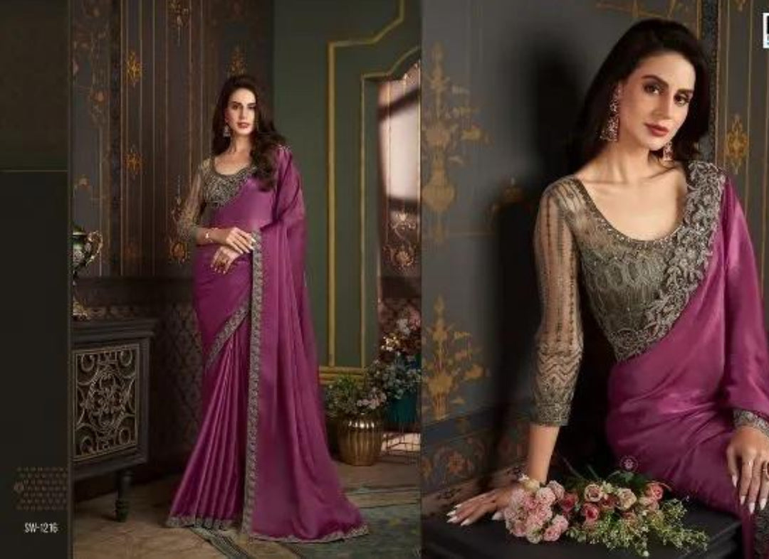 Satin Silk Chiffon Saree with Banglori Silk Blouse- Magenta