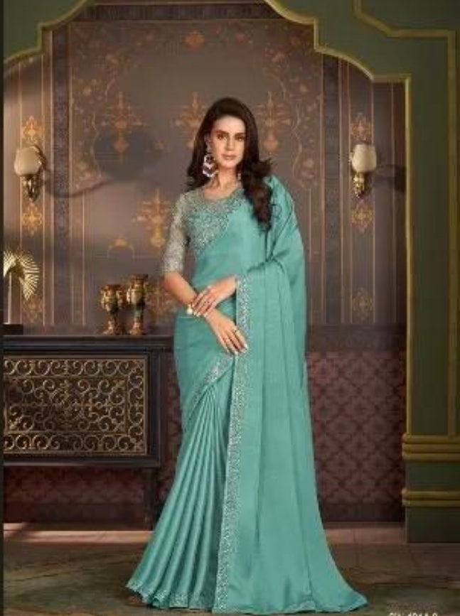 Satin Silk Chiffon Saree with Banglori Silk Blouse- Green
