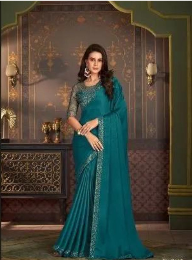Satin Silk Chiffon Saree with Banglori Silk Blouse- Teal