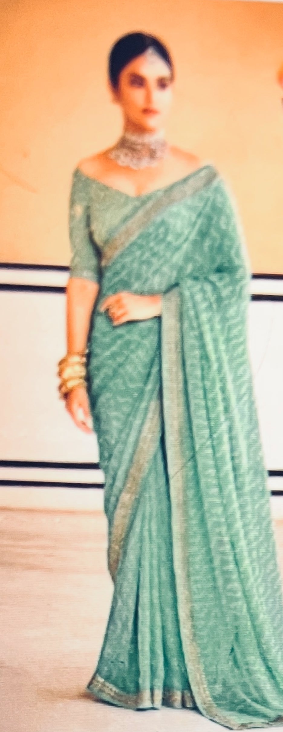 Georgette Chiffon Saree with Designer Stitched Blouse- Sea Green