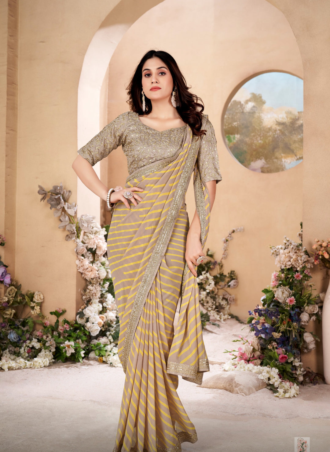 Georgette Chiffon Saree with Designer Stitched Blouse- Grey-Yellow