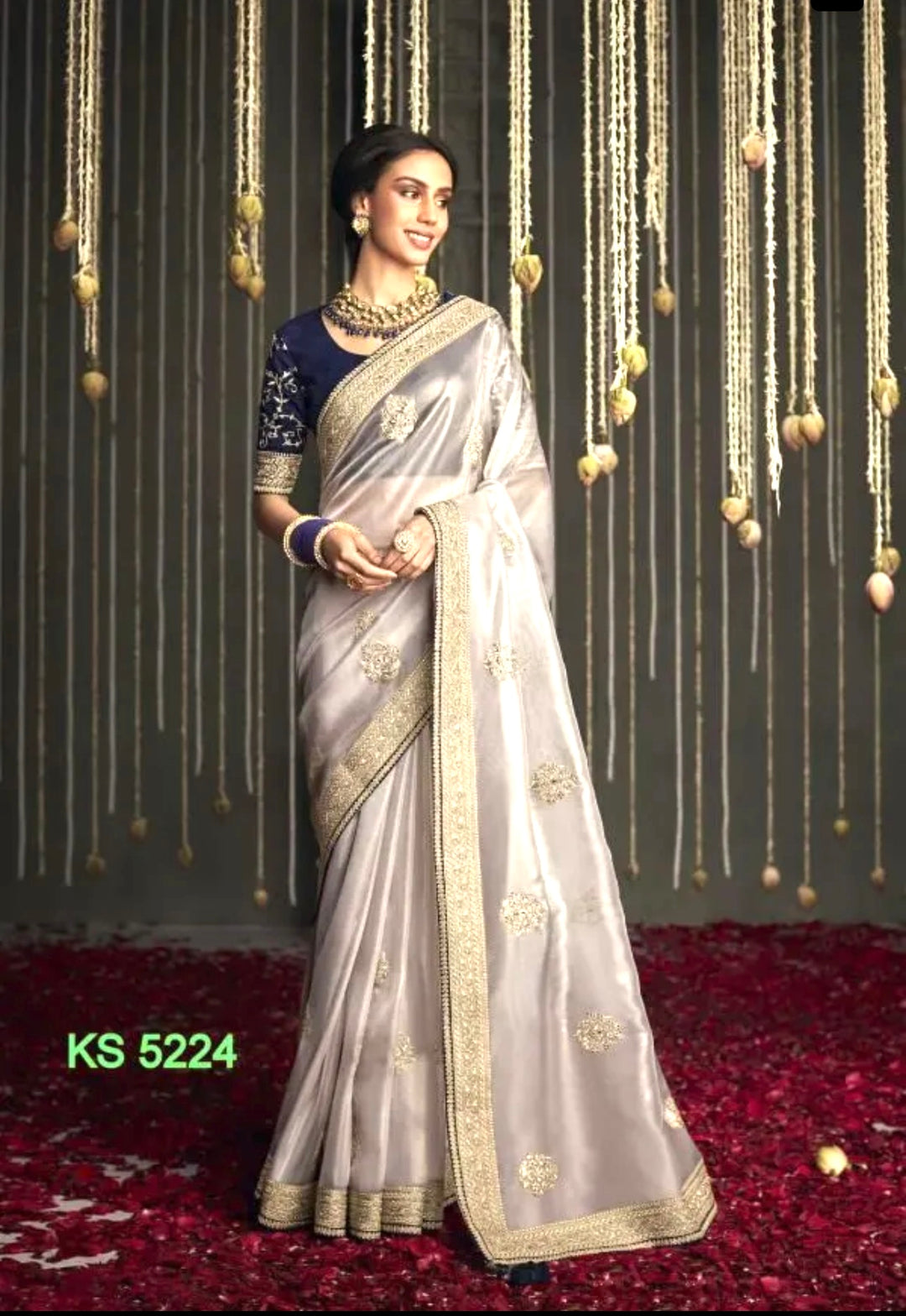 Premium Soft Tissue Silk Saree- Beige- Blue- Light grey