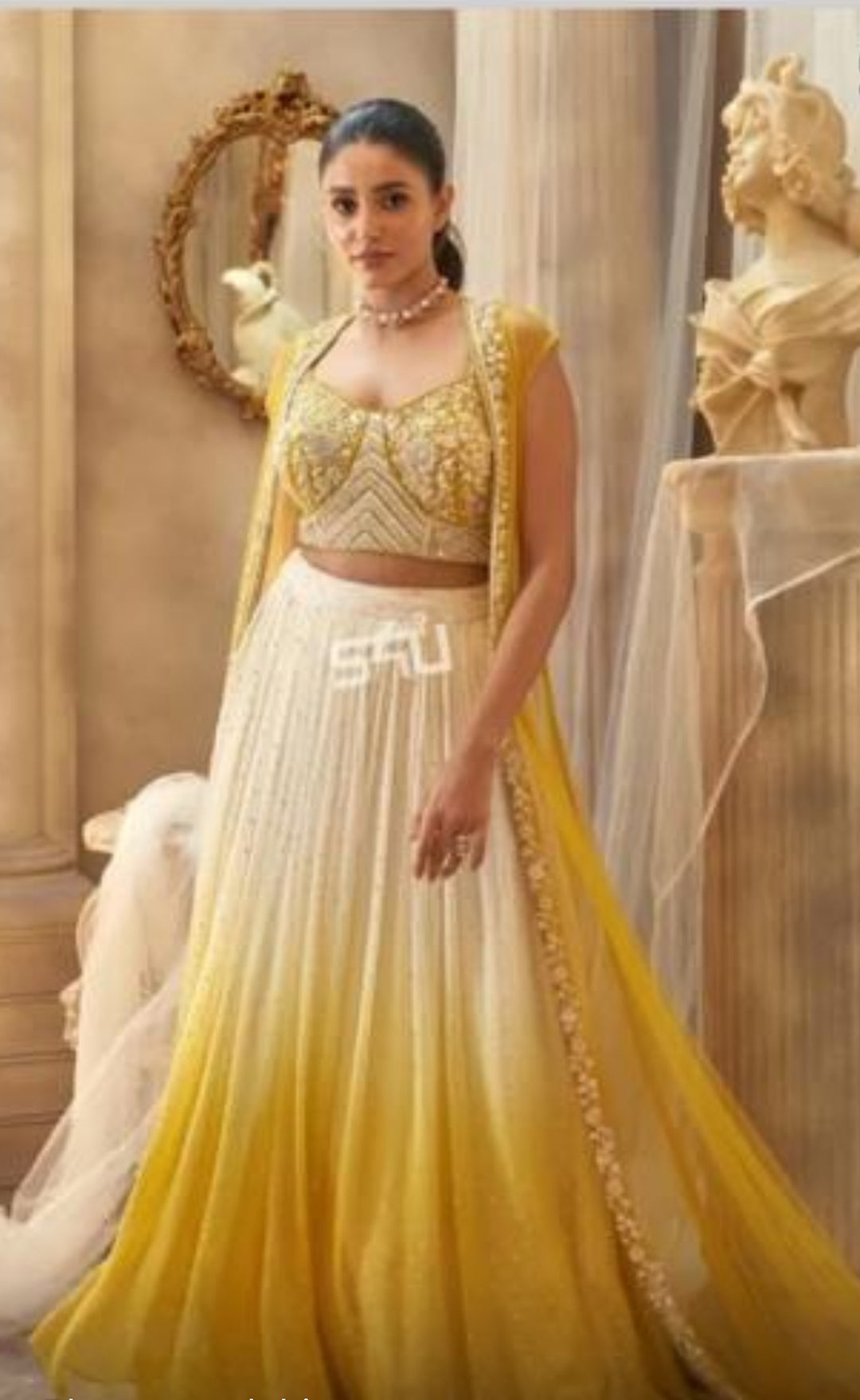 Premium Real Georgette Designer Lehenga Set with Koti- Cream-Yellow