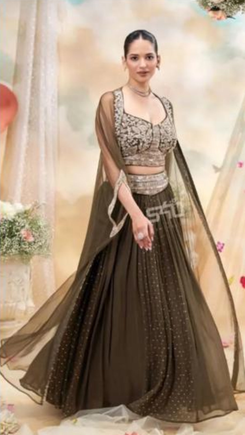 Premium Real Georgette Designer Lehenga Set with Koti- Green