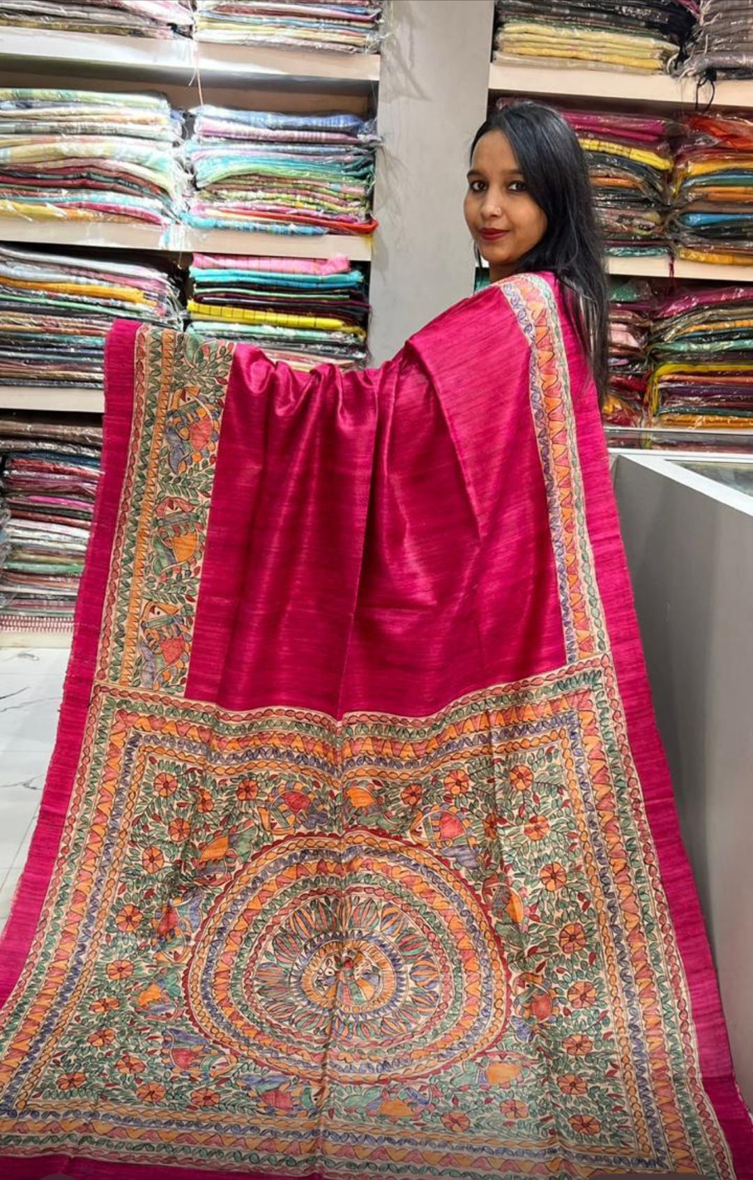 Pre Order- Hand-painted Madhubani Tussar Ghicha Silk Saree- Pink