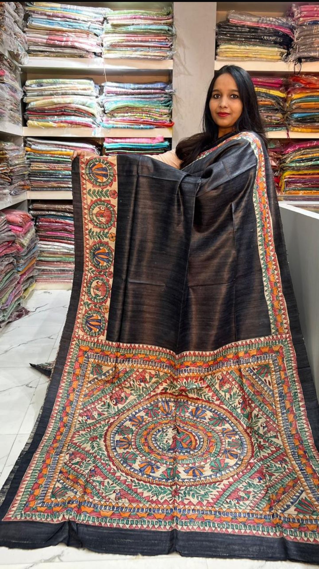 Pre Order- Hand-painted Madhubani Tussar Ghicha Silk Saree- Black