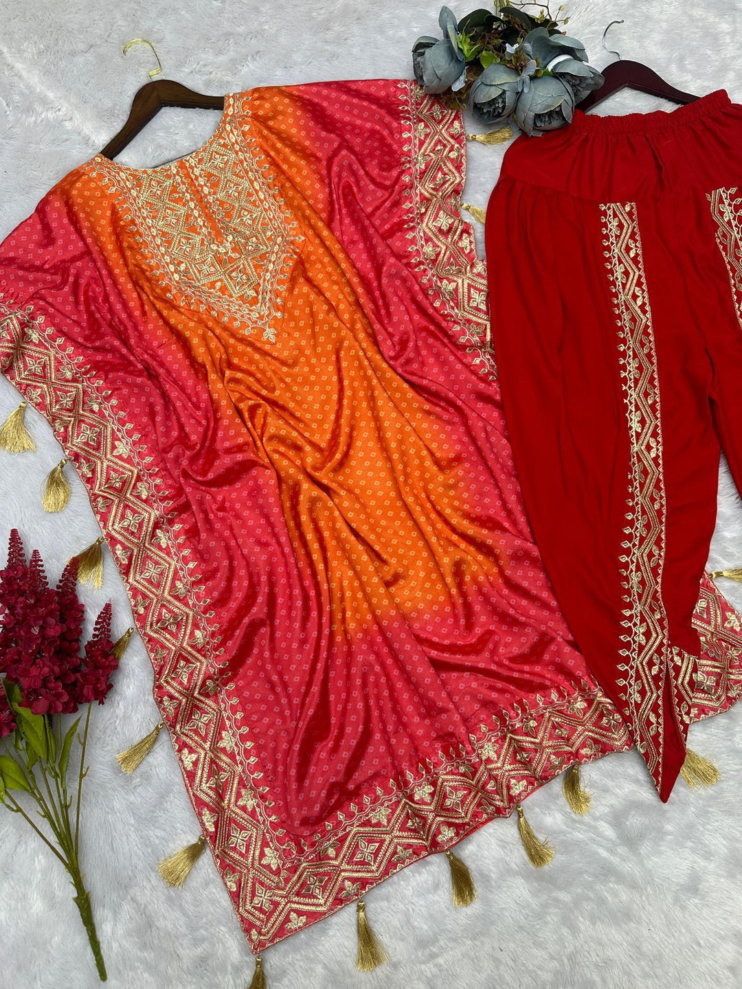 Pure Chinon Silk Kaftan with Dhoti Set- Pink- Orange