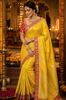 Rich Dola Silk with Exquisite Zari Weaving - Yellow-Red