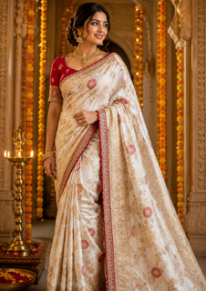 Rich Dola Silk with Exquisite Zari Weaving - Off White-Red
