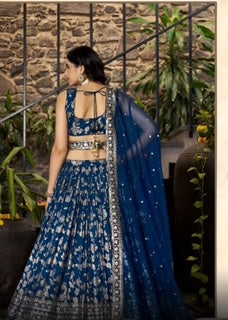 Designer Lehenga- Dola Silk- Navy Blue