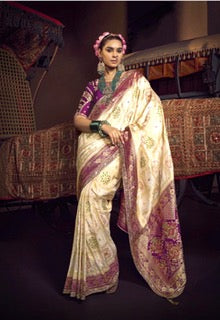 LUXURIOUS PURE DOLA SILK SAREE- KD- White-Purple