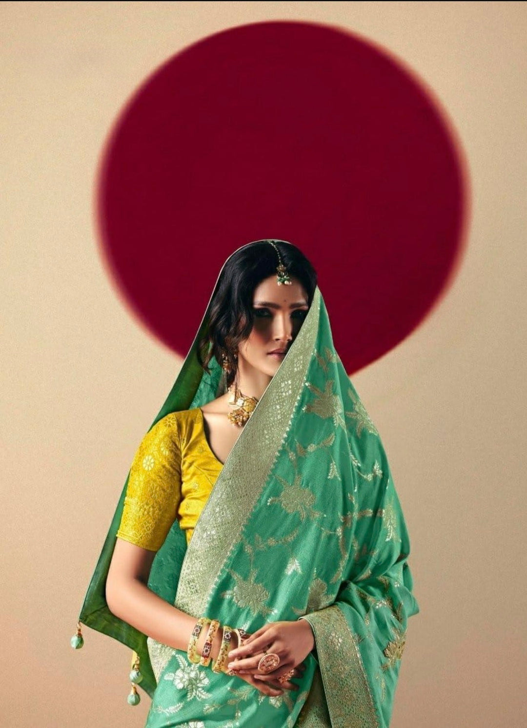 LUXURIOUS PURE DOLA SILK SAREE- KD- Pista Green-Yellow