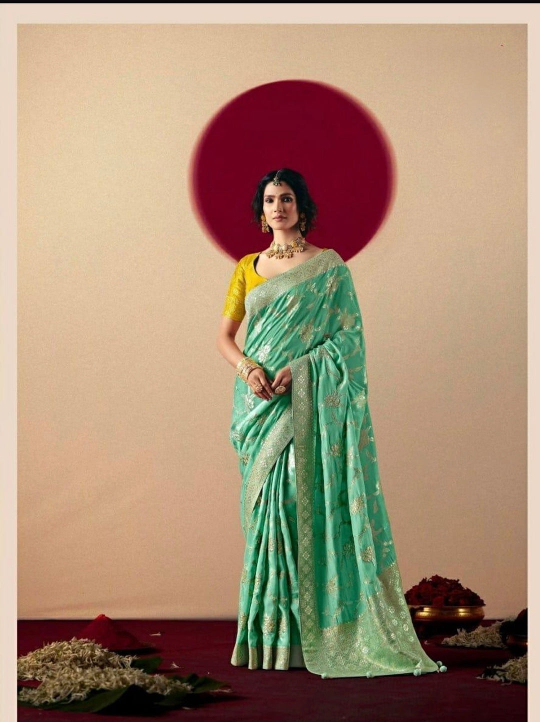 LUXURIOUS PURE DOLA SILK SAREE- KD- Pista Green-Yellow