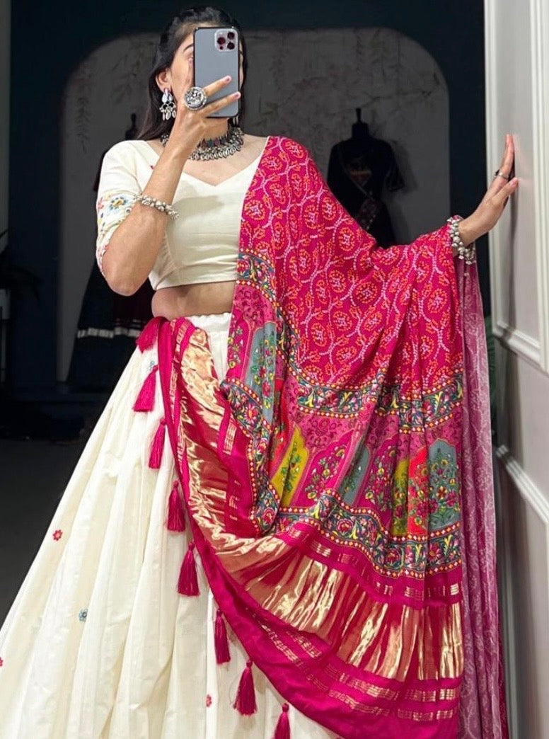 Khadi Cotton Lehenga Choli with Gaji Silk Dupatta- White-Pink
