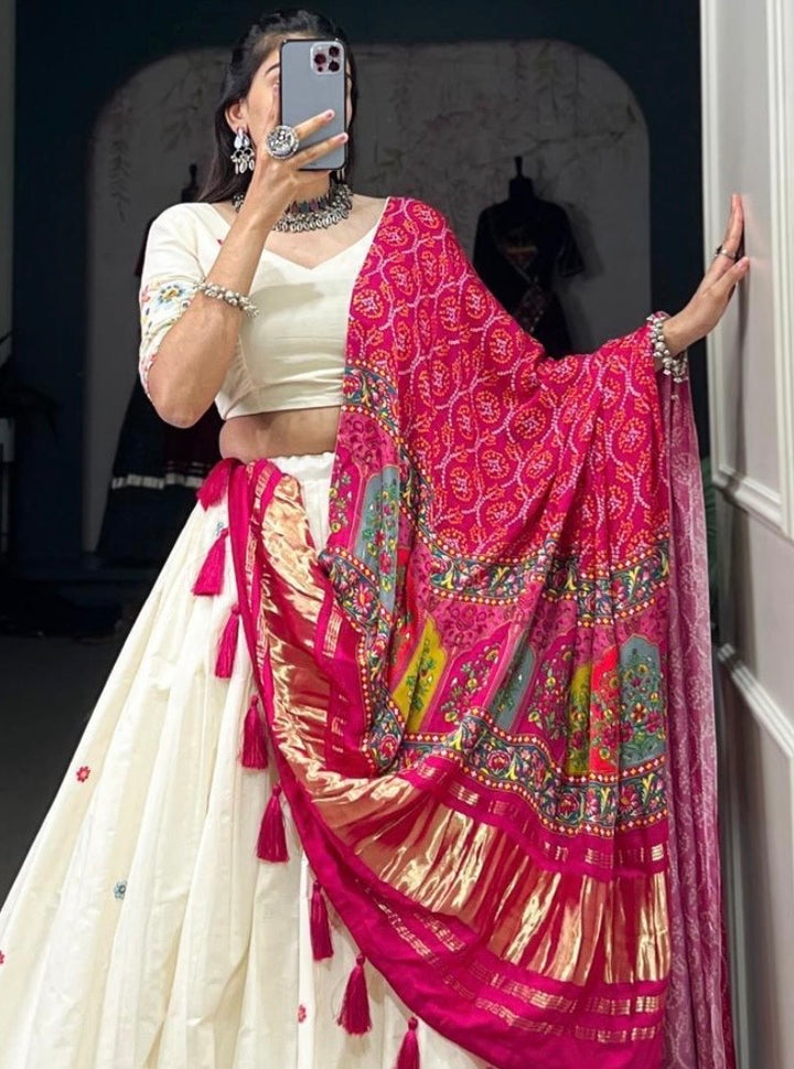 Khadi Cotton Lehenga Choli with Gaji Silk Dupatta- White-Pink