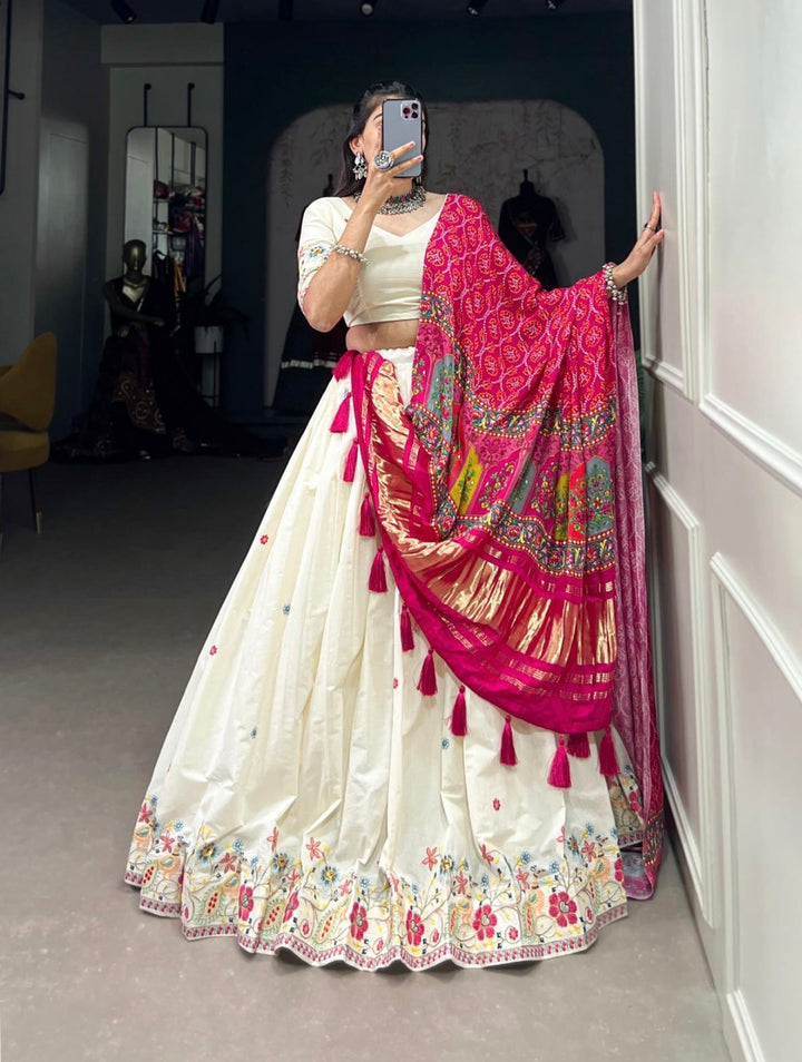 Khadi Cotton Lehenga Choli with Gaji Silk Dupatta- White-Pink