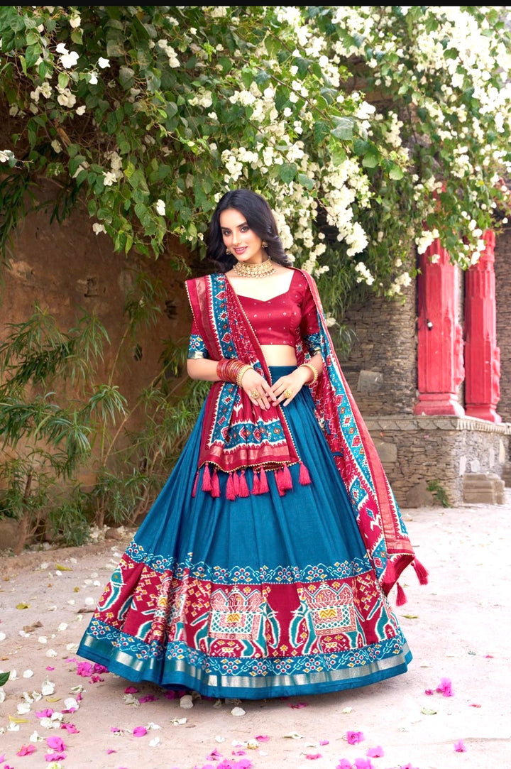 Stunning Tasar Silk Lehenga Choli- Blue-Red