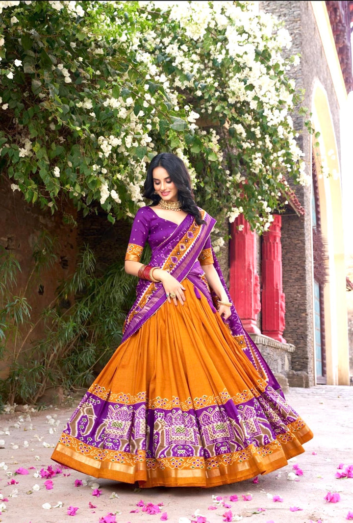 Stunning Tasar Silk Lehenga Choli- Mustard Yellow-Purple