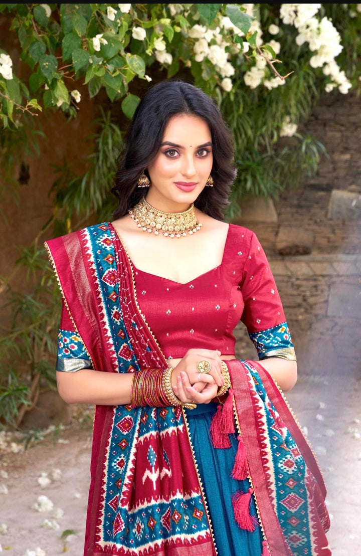 Stunning Tasar Silk Lehenga Choli- Blue-Red