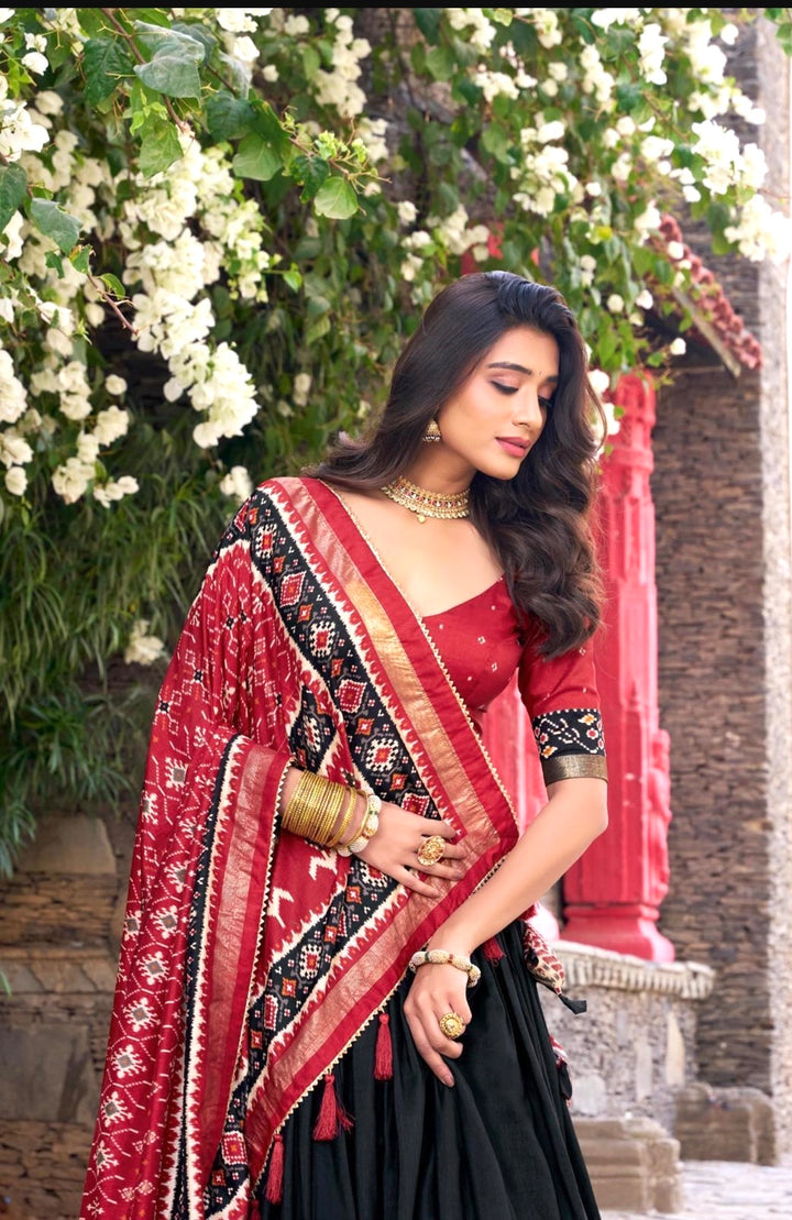 Stunning Tasar Silk Lehenga Choli- Black-Red