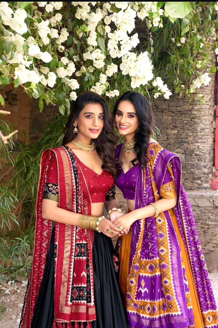 Stunning Tasar Silk Lehenga Choli- Black-Red