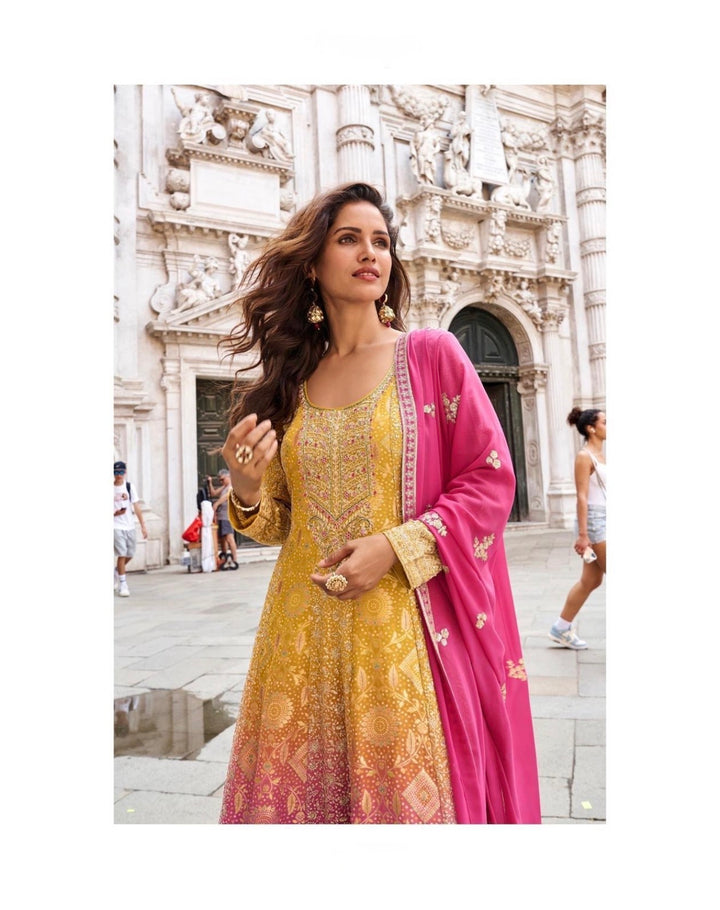 ROYAL PREMIUM GEORGETTE SHARARA-GHARARA SET- Yellow-Pink