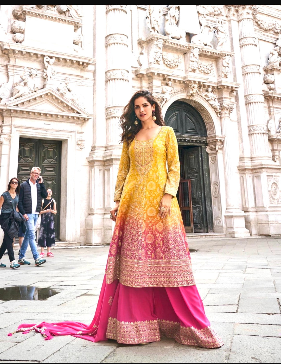 ROYAL PREMIUM GEORGETTE SHARARA-GHARARA SET- Yellow-Pink