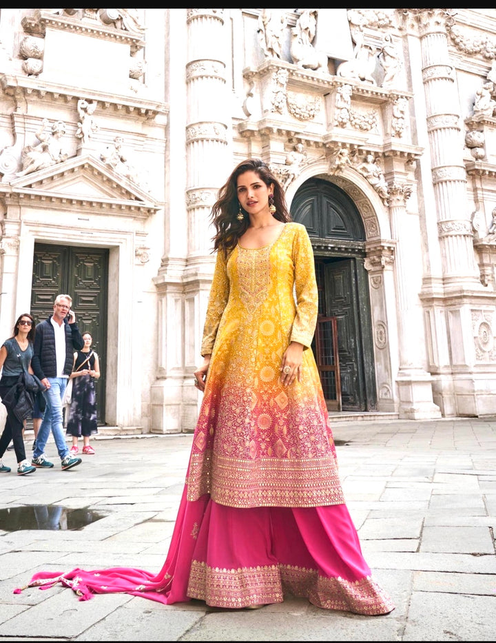 ROYAL PREMIUM GEORGETTE SHARARA-GHARARA SET- Yellow-Pink