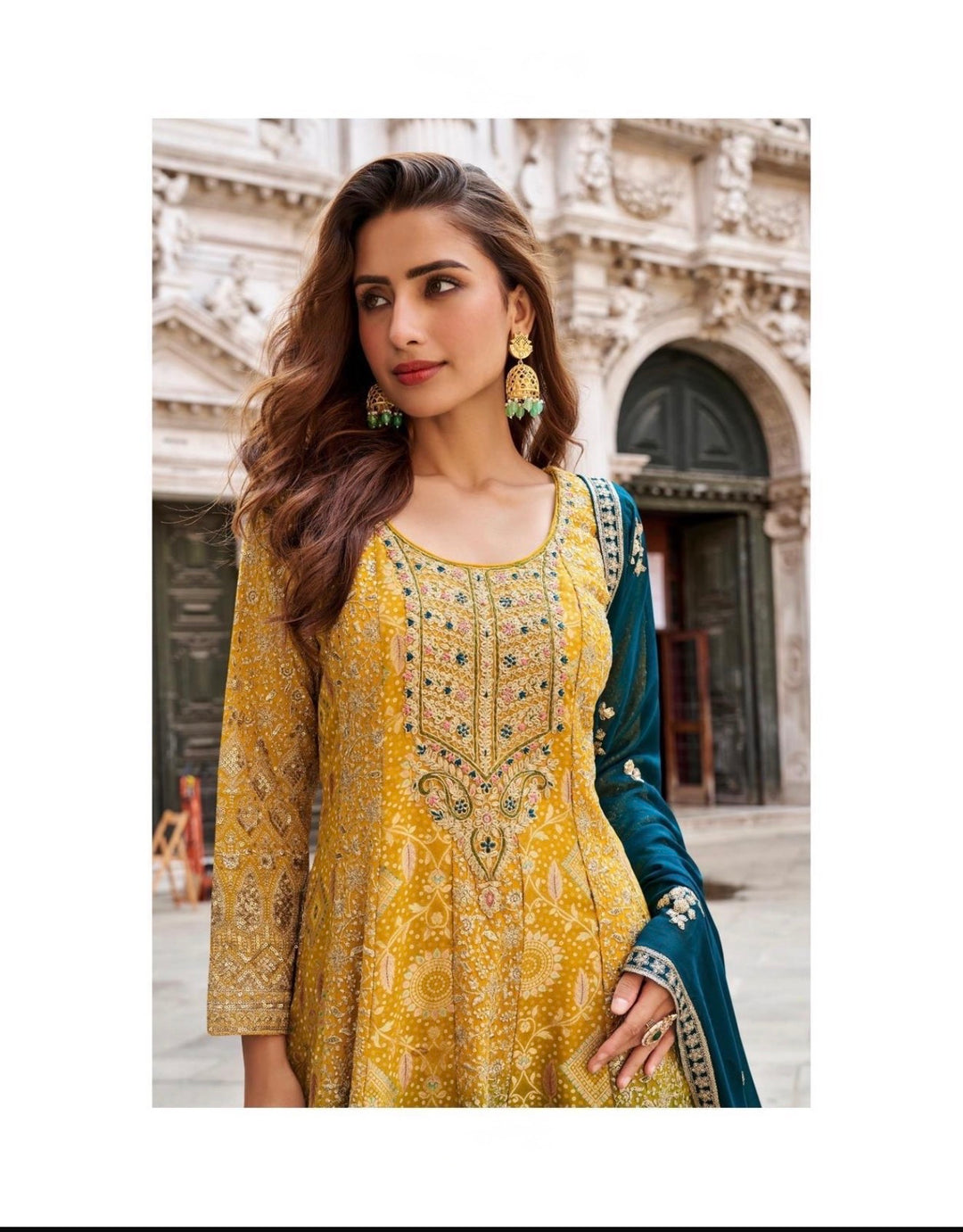 ROYAL PREMIUM GEORGETTE SHARARA-GHARARA SET- Yellow-Blue