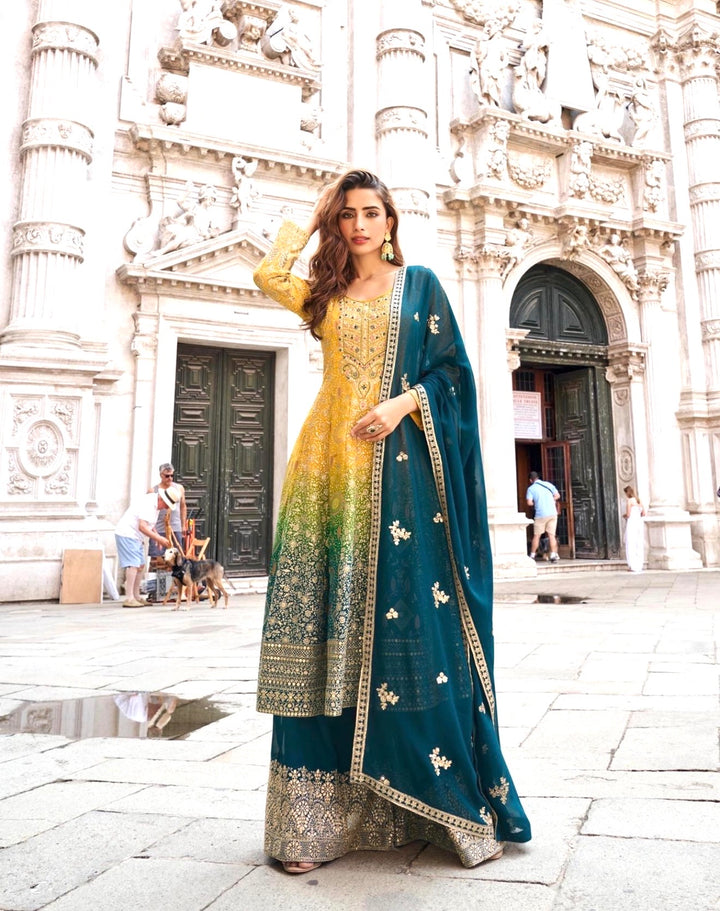 ROYAL PREMIUM GEORGETTE SHARARA-GHARARA SET- Yellow-Blue