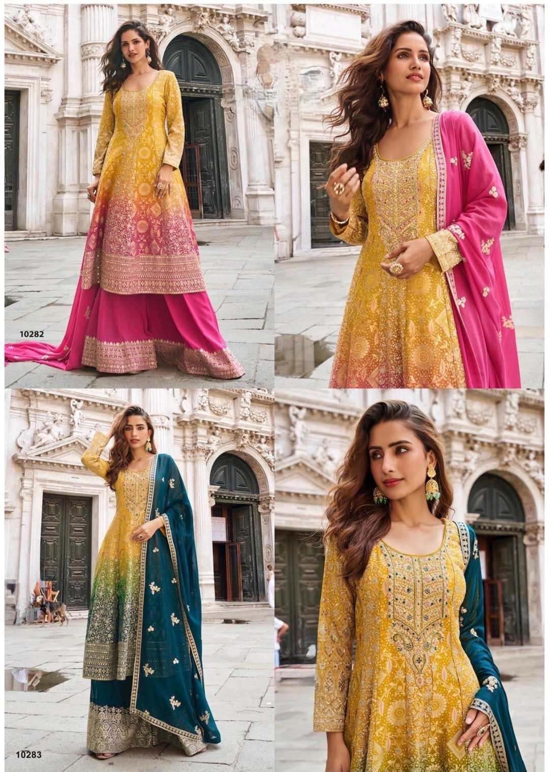 ROYAL PREMIUM GEORGETTE SHARARA-GHARARA SET- Yellow-Pink