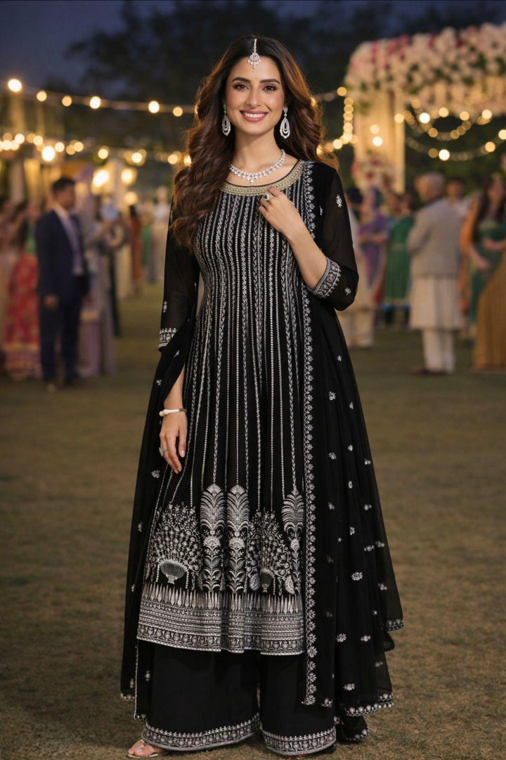 ROYAL PREMIUM GEORGETTE SHARARA-GHARARA SET- MZ-Black
