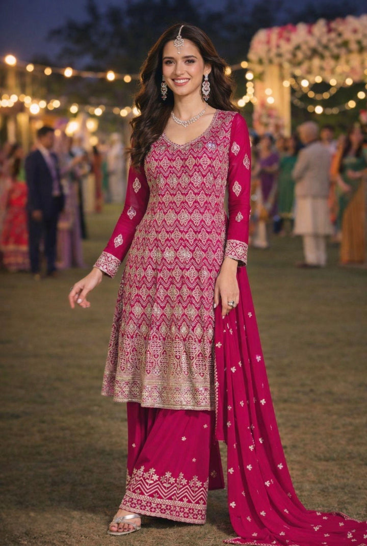 ROYAL PREMIUM GEORGETTE SHARARA-GHARARA SET- MZ- Rani Pink
