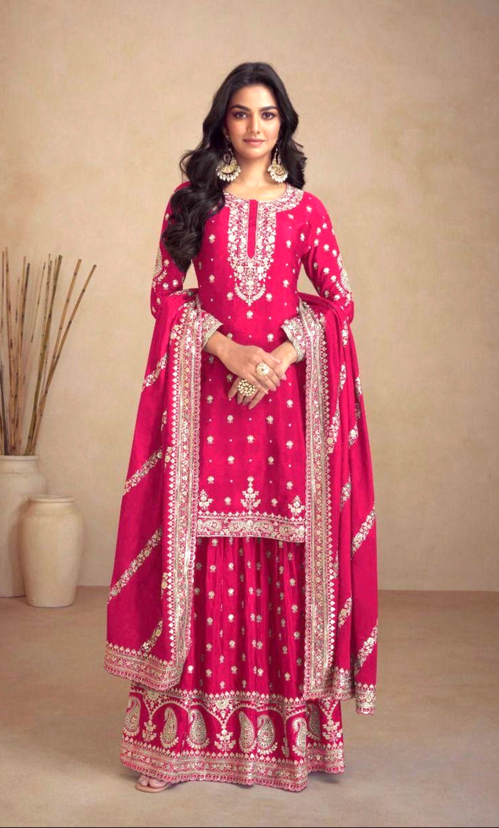 ROYAL PREMIUM CHINON SHARARA-GHARARA SET- Hot Pink